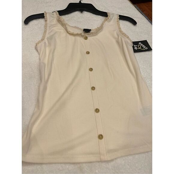 Large 10/12 beige tank top ruffled trimmed button front ribbed feel - Picture 4 of 9